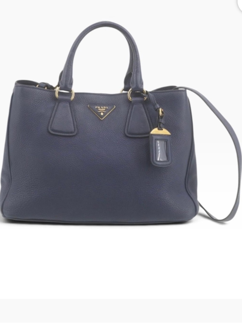AUTHENTIC Prada Navy Leather Satchel with Gold-Tone Hardware